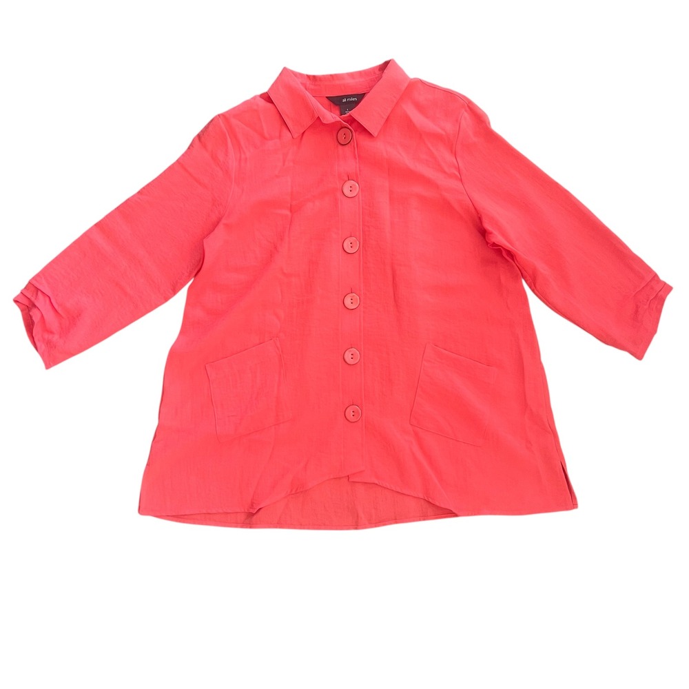 Ali Miles Button Front Hi Lo Tunic Women's Large Salmon 3/4 Sleeve Front Pockets